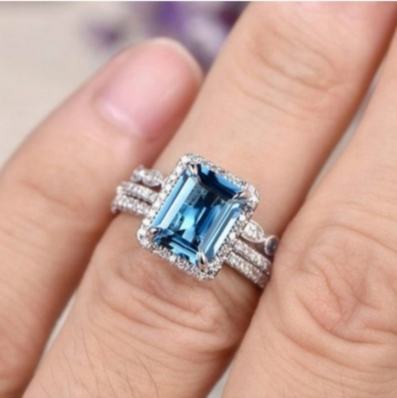 Size 6🎀3pc 925 Blue Sparkling Diamond Ring - Picture 4 of 5